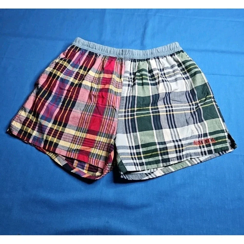 Vintage Nautica Swim Trunks MIXED PLAID‎ Shorts Lined Madras Preppy Excellent LG